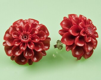 Large Vintage Red Mum Post Earrings