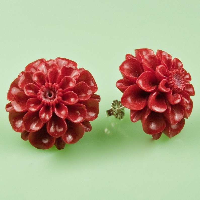 Large Vintage Red Mum Post Earrings image 1