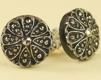 Vintage Silver and Black Swirl Czech Glass Post Earrings - Limited