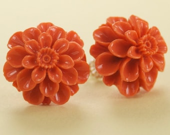 Large Vintage Coral Mum Button Post Earrings