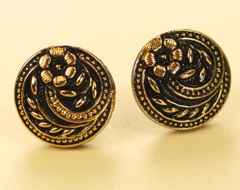 Vintage Black Glass with Gold Flower Buttons - Post Earrings LIMITED