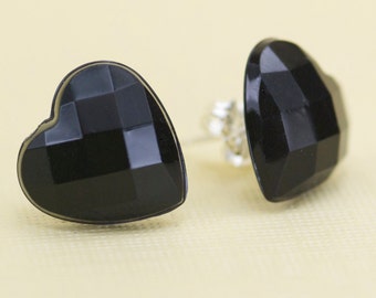 Vintage Black Faceted Heart Button Post Earrings