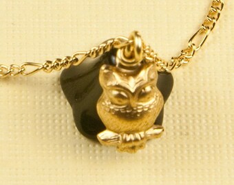 Vintage Adjustable Size Gold Owl and Black Flower Bracelet