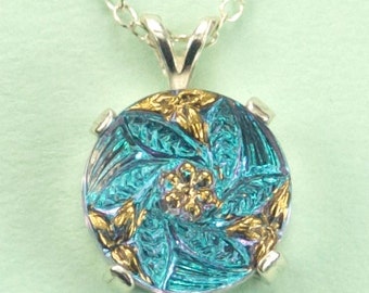 Blue and Gold Tone Czech Glass Button Necklace