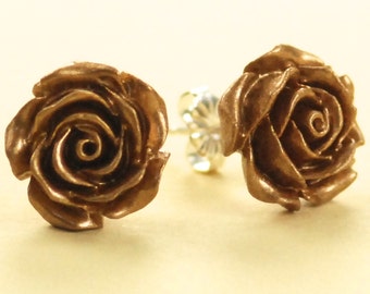 Vintage Gold Color Rose Button Post Earrings 12mm