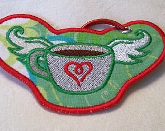 Flying Coffee Embroidered Keychain/Lunchbag Tag/Luggage Tag