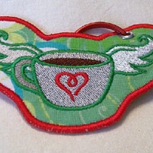 Flying Coffee Embroidered Keychain/Lunchbag Tag/Luggage Tag
