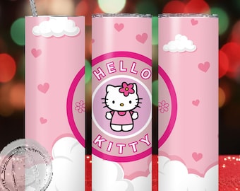 Hello Cat Tumbler, 20oz Custom Skinny Water Bottle, Pink Kitty Tumbler Gift for Daughter