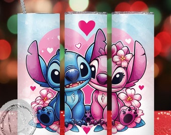 Stitch and Angel Reusable Tumbler, 20oz Slim Water Bottle, Disney Christmas Gift for Couples