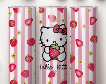 Customizable Kitty Tumbler, Hello Cat Gift, Personalized 20oz Stainless Steel Tumbler, Reusable Strawberry Cup