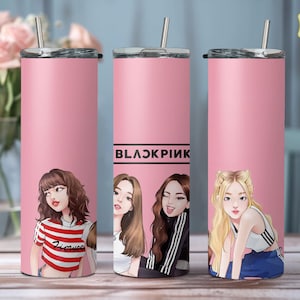 Pink Tumbler, Water Bottle for KPOP Fans, Jisoo, Jennie, Lisa, Rosé KPOP Tumbler Gift, 20 oz Drink Bottle with a Straw, Custom XMAS Tumbler