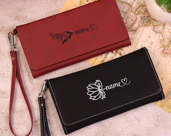Personalized Vegan Leather Wallet, Custom Name Clutch with Wrist Strap, Birthday Gift for Women
