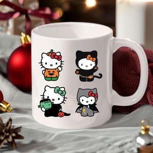 Halloween Hello Cat Coffee Mug, Hello Kitten Halloween Design, Kawaii Cat, 11oz Tea Cup for Halloween, Cute Kitty Design Mug, Cat Lovers