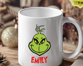 Personalized Grinch Coffee Mug, Merry Grinchmas Gift, 11oz Ceramic Tea Cup, Grinch Fan Gift