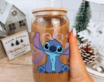 Stitch Glass Cup, Disney Reusable Iced Coffee Can (16oz), Christmas Gift for Stitch Lovers