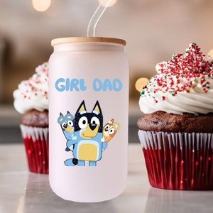 Bluey Girl Dad Glass Can,16oz Iced Coffee Cup,Frosted and Clear Glass Cup with a Straw,Custom Bluey Design,Blue Dog and Bingo,Christmas Gift