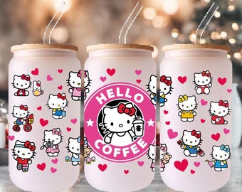 Hello Coffee Cute Cat Glass Can, Personalized Iced Coffee Cup, Kitty Design Christmas Gift