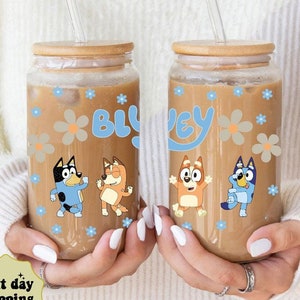 Blue Dog and Bingo Dancing Glass Can, Custom Iced Coffee Cup with Straw, Blue Design, Blue Dancing Drink Glass, birthday Gift for Daughters
