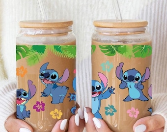 Funny Stitch Coffee Cup, Christmas Gift for Stitch Lovers, 16oz Disney Glass Can
