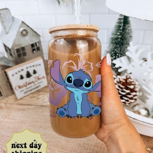 Cute Stitch Glass Can Gift, Stitch Gift, Christmas Gift for Stitch Lovers, 16oz Reusable Glass Cup, Stitch Iced Coffee Cup, Disney Gift