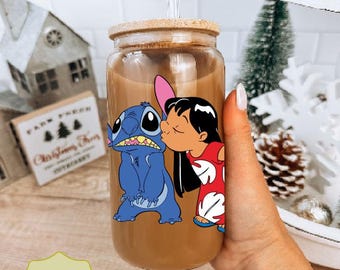 Lilo and Stitch Glass Can, Funny Disney Movie Gift, Coffee Cup for Cartoon Lovers