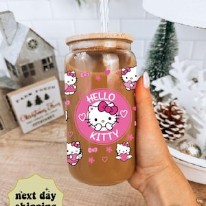 Hello Cat Design Glass Can, Kawaii Cat, Christmas Coffee Glass with Straw, Cute Gift for Daughter, Niece Gift, Hello Kitten, Pink Glass Cup