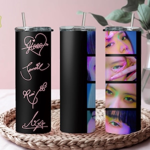 Jisoo, Jennie, Lisa, Rosé Signatures Tumbler, 20oz Tumbler with Black and Pink Wrap, KPOP Fan Gift, Water Bottle, Korean Singers, KPOP Lover