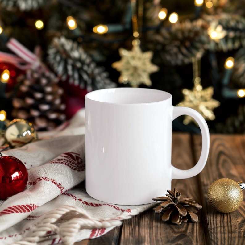 May include: A white ceramic mug with a handle, sitting on a wooden surface with a festive background of pine branches and Christmas lights.
