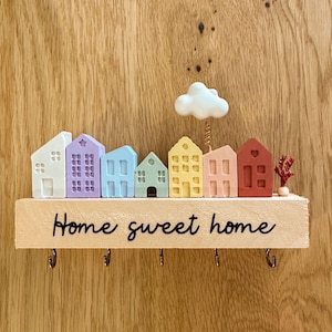 Porta-chaves de parede Hygge / Decoração com casas e nuvem - Grande (15 cm)