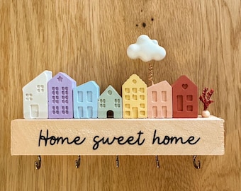 Portachiavi da muro 15cm "Hygge" con casette e nuvola