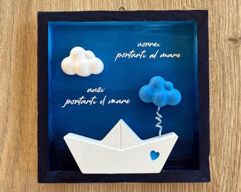 Customizable wooden picture "Sea" with boat and clouds - 12 x 12 cm