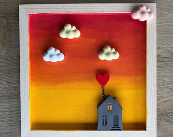 Customizable wooden frame "Sunset" with a house at sunset and a phrase - Large (20 x 20 cm)