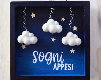 Customizable wooden picture "Dreams" with phrase and clouds - 12 x 12 cm