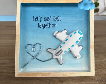 Customizable wooden picture "Fly" with airplane and cloud - 12 x 12 cm