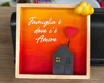 Customizable "Sunset" wooden picture with a house at sunset and a phrase - 12 x 12 cm