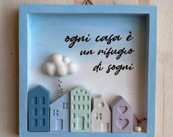 Customizable wooden picture "Home" with phrase, houses and clouds - 12 x 12 cm