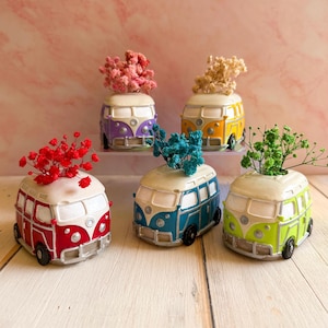 Può includere: Cinque mini-piante in forma di Volkswagen bus, ciascuna dipinta di un colore diverso e riempita di fiori secchi. Gli autobus sono viola, giallo, blu, rosso e verde.