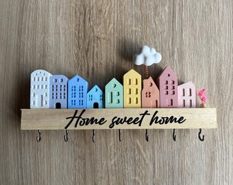 20cm "Hygge" Wall Keyring with Houses and Clouds