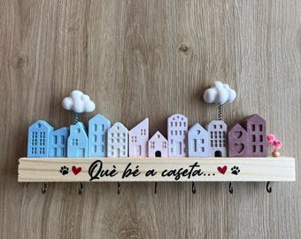 25cm "Hygge" Wall Keyring with Houses and Clouds