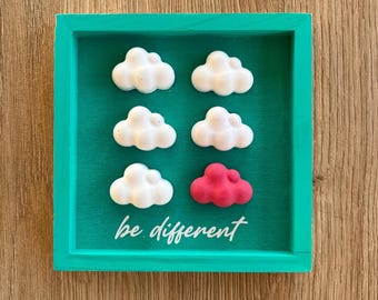 Customizable "Be different" wooden picture with clouds - 12 x 12 cm