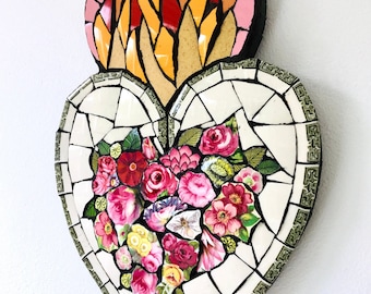 Mosaic Flaming Love Heart- Flowers And Bee - special gift