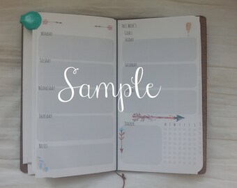 Boho HORIZONTAL WEEK on 2 Pages w/Tracker Planner Insert-STANDARD/Reg size*midori, fauxdori, calendar, booklet, travelers notebook, journal*