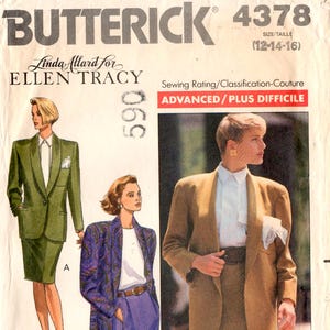 May include: Butterick sewing pattern 4378 featuring three women's suit designs. The pattern includes a green suit, a purple and paisley jacket with a purple skirt, and a tan suit with a skirt. The sewing rating is advanced.