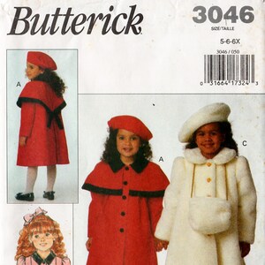 May include: Butterick pattern 3046 for children's coats. The image shows three different coat designs: a red coat with a black collar and beret, a pink coat with black bows, and a white coat with a matching purse and beret. Sizes 5-6-6X.