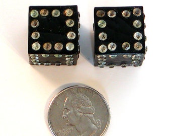 2* Vintage BLACK DICE BUTTONS with Rhinestone Dots 3/4" Dimensional Collectible Sewing Clothing Crafts Collage