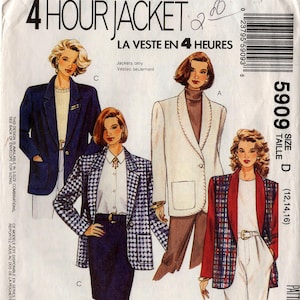 May include: McCall's sewing pattern envelope featuring illustrations of four different jacket styles. The envelope includes the text "4 Hour Jacket" and "La Veste en 4 Heures". The pattern number is 5909, size D (12, 14, 16).