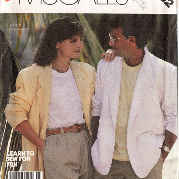 Uncut Easy Unisex Oversized BLAZER PATTERN McCalls #3132 Size Large 40"-42" Misses/Men's/Teen Boys' Unlined 1987 Vintage Sewing Learn-to-Sew