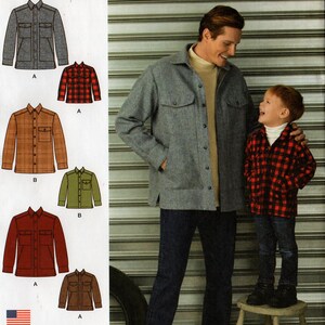 May include: Simplicity sewing pattern 1328 for a button-up shirt or jacket with long sleeves, collar, and two chest pockets. The pattern includes variations in solid gray, red and black plaid, brown plaid, olive green, and solid rust colors.
