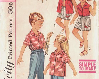 1960's Child's SHIRT Boxer SHORTS PANTS Pattern Simplicity #3944 Size 6 Boys/Girls Cut/Complete w/Transfers "Simple-to-Make" Vintage Sewing