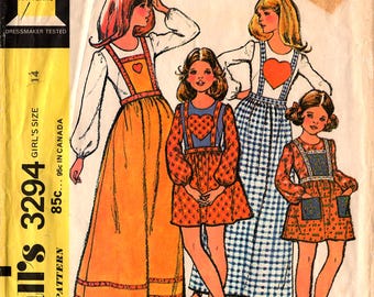 1972 Girls' JUMPER & BLOUSE Pattern McCall's #3294 Size 14 Vintage Country Style Long Sleeves Bib Front Heart Accent School/Fall Sewing CC